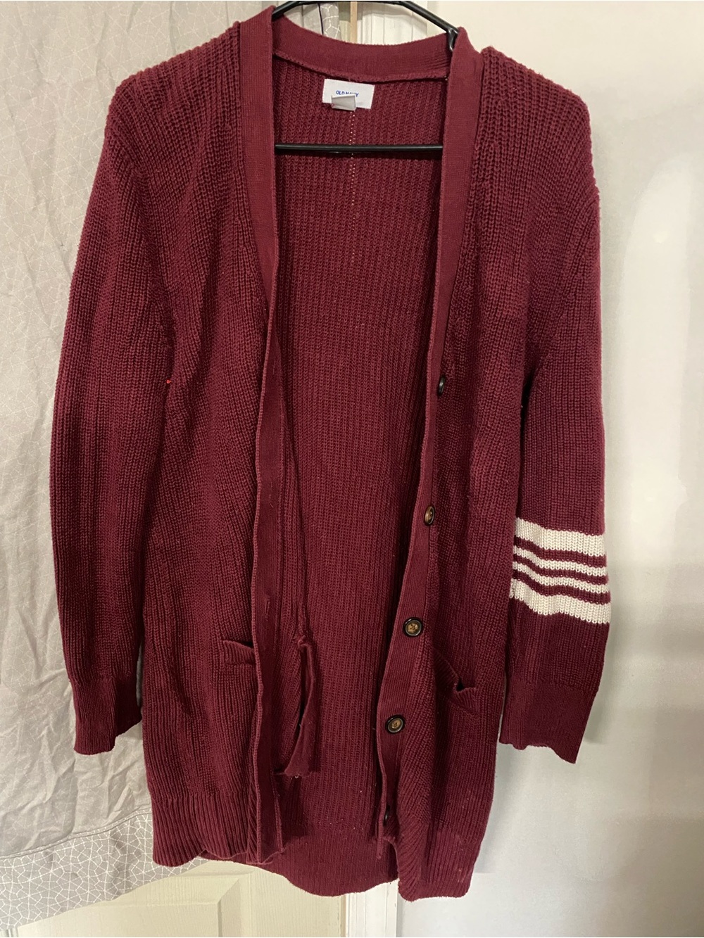 Old Navy Burgundy Open-Front Cardigan with White Sleeve Stripes